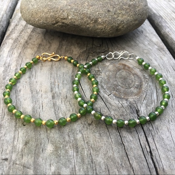 Green Onyx Genuine Gemstone Silver Gold Bracelet - Picture 2 of 5